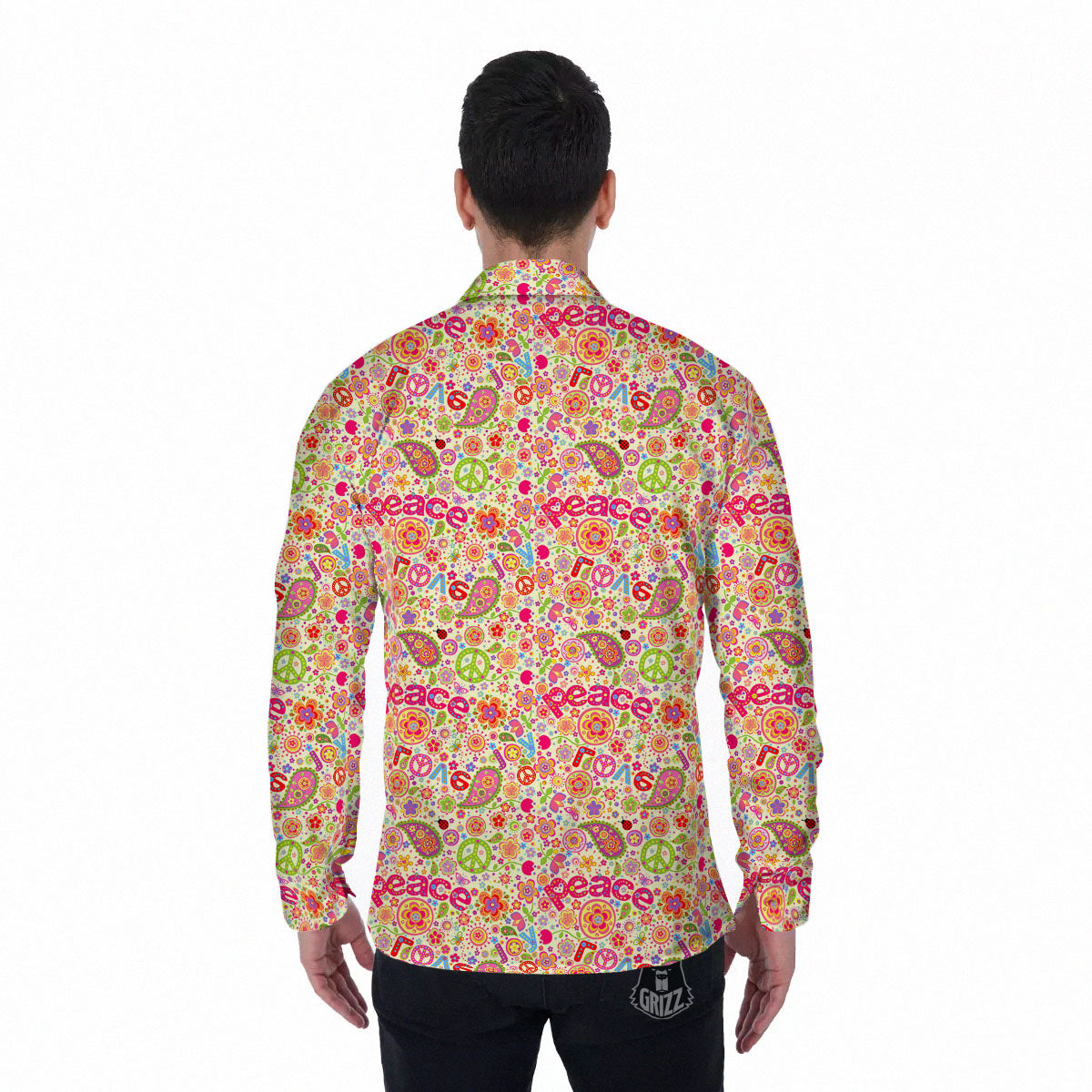 Hippie Peace Groovy Print Pattern Men's Long Sleeve Shirts-grizzshop