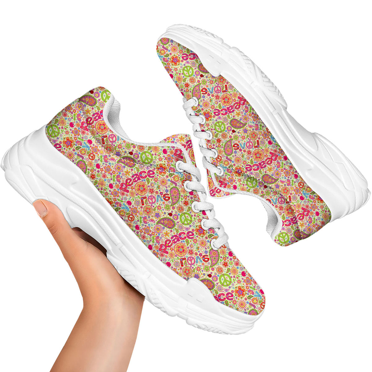 Hippie Peace Groovy Print Pattern White Chunky Shoes-grizzshop