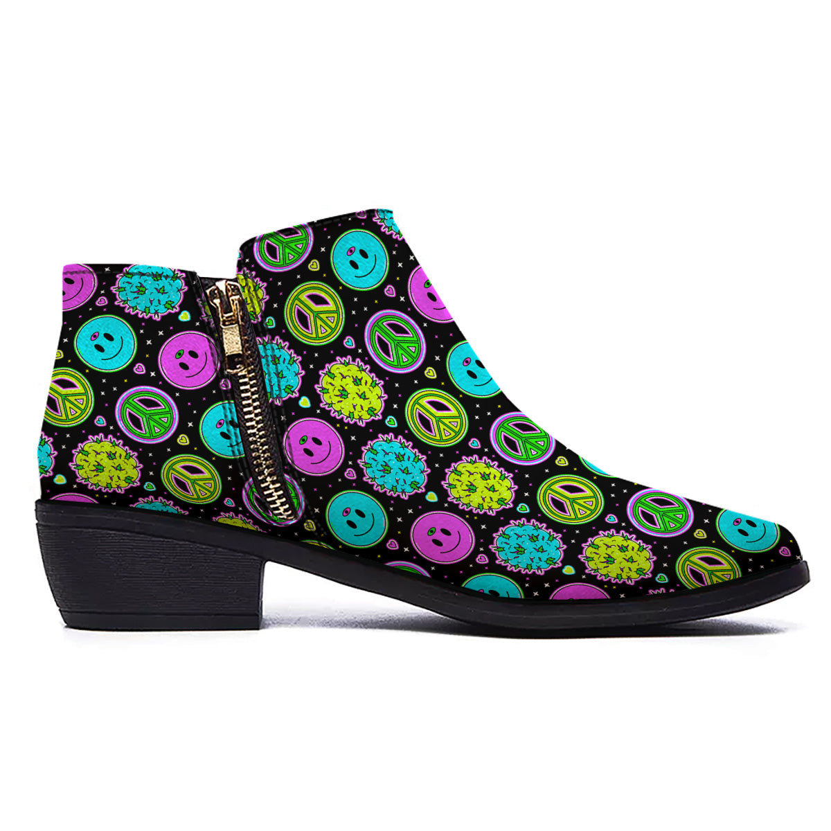 Hippie Peace Symbol And Weed Print Pattern Ankle Boots-grizzshop