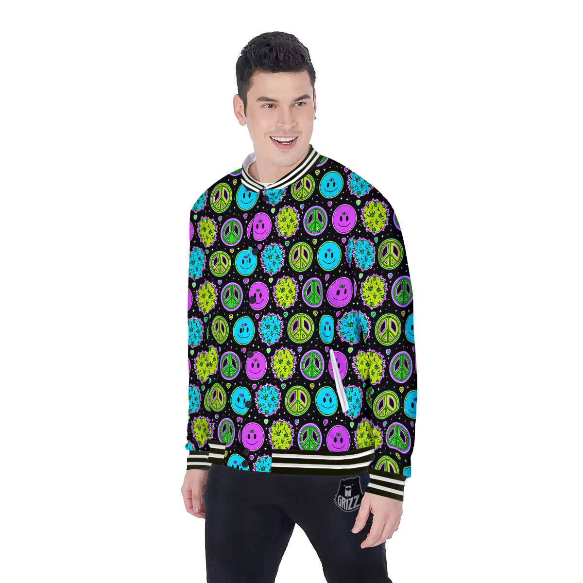 Hippie Peace Symbol And Weed Print Pattern Baseball Jacket-grizzshop