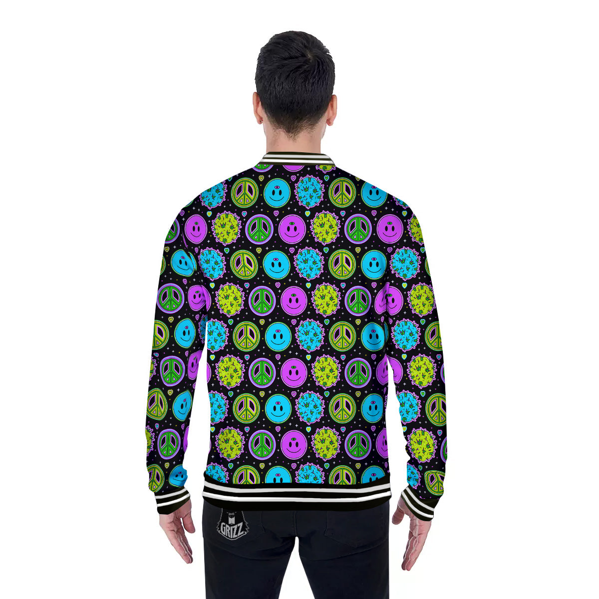 Hippie Peace Symbol And Weed Print Pattern Baseball Jacket-grizzshop