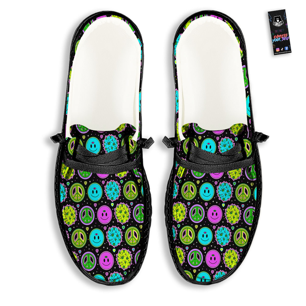 Hippie Peace Symbol And Weed Print Pattern Black Loafers-grizzshop