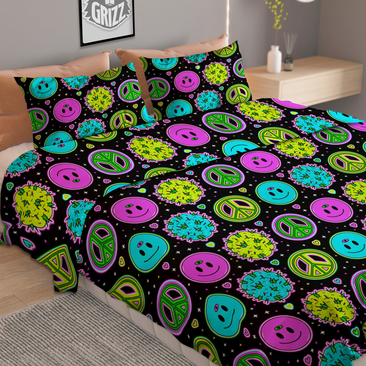 Hippie Peace Symbol And Weed Print Pattern Duvet Cover Bedding Set