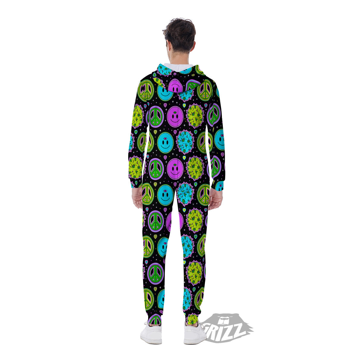 Hippie Peace Symbol And Weed Print Pattern Men's Jumpsuit-grizzshop