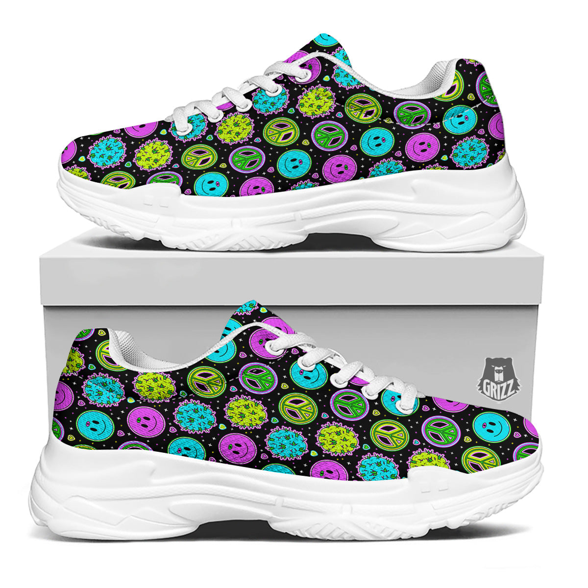 Hippie Peace Symbol And Weed Print Pattern White Chunky Shoes-grizzshop