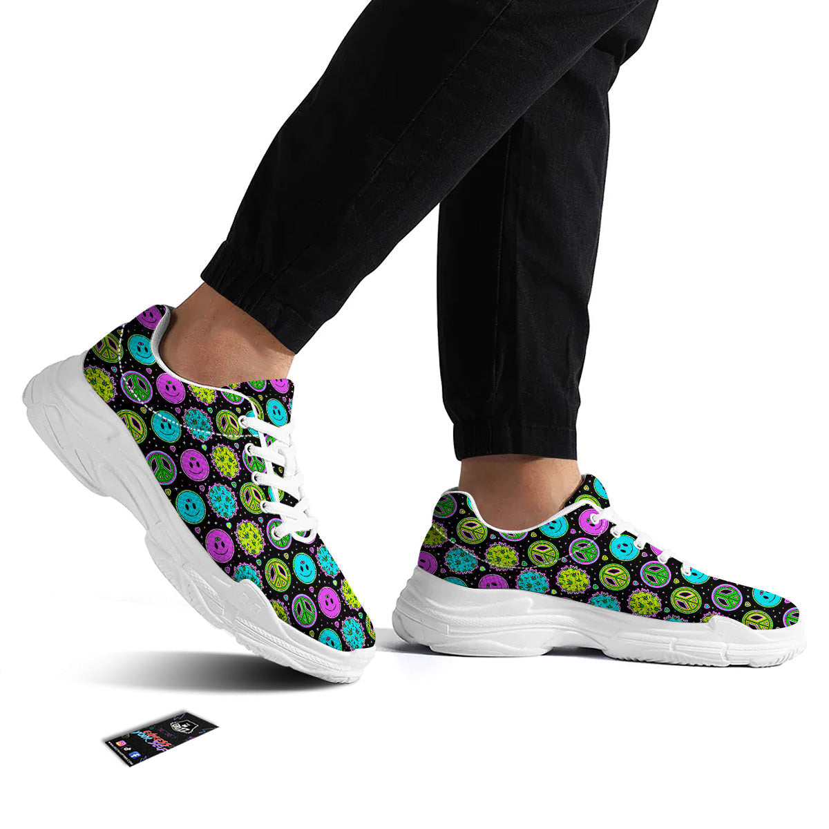 Hippie Peace Symbol And Weed Print Pattern White Chunky Shoes-grizzshop