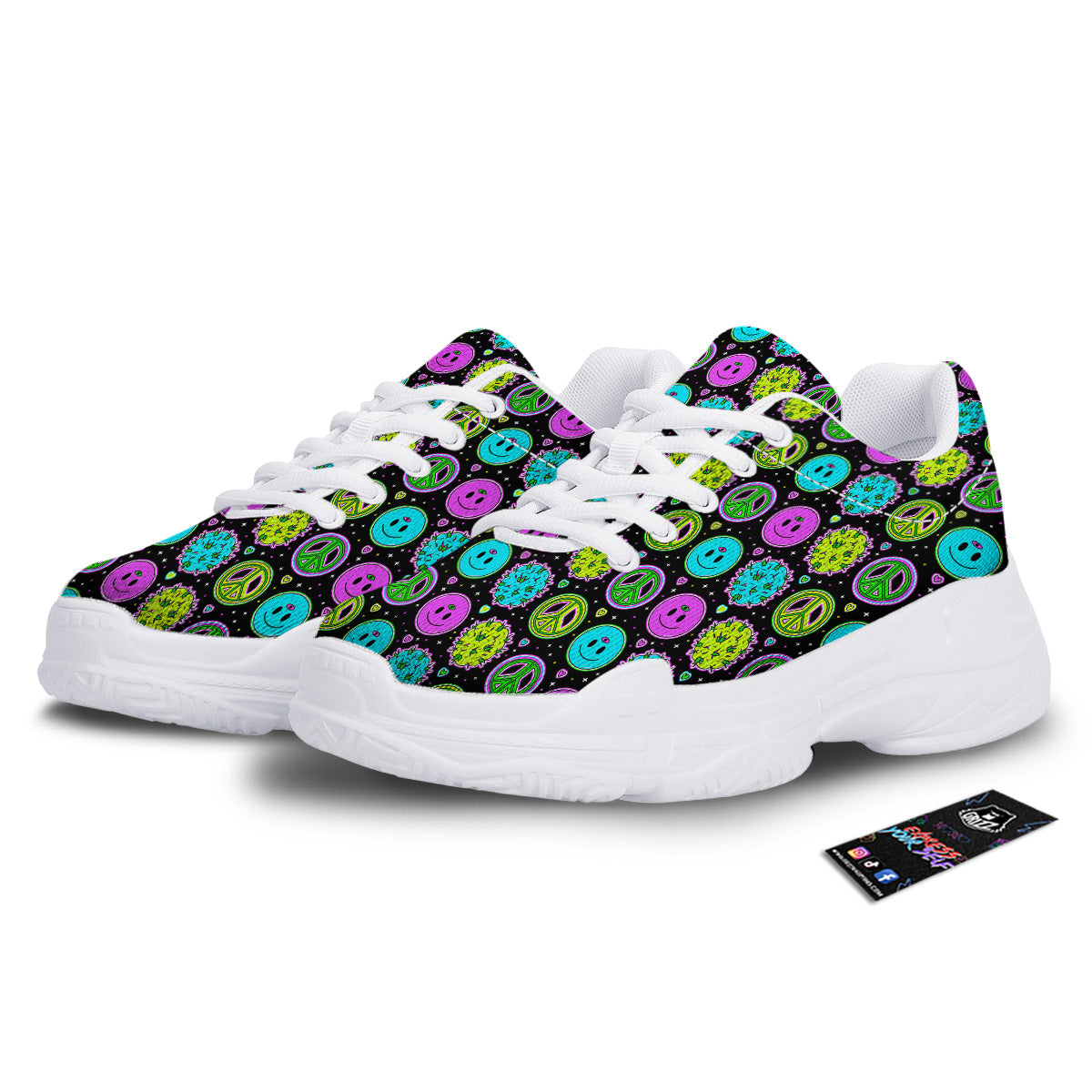 Hippie Peace Symbol And Weed Print Pattern White Chunky Shoes-grizzshop
