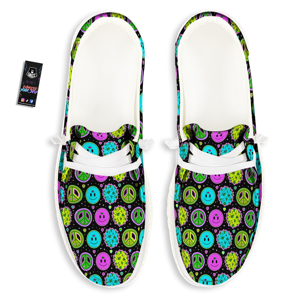 Hippie Peace Symbol And Weed Print Pattern White Loafers-grizzshop