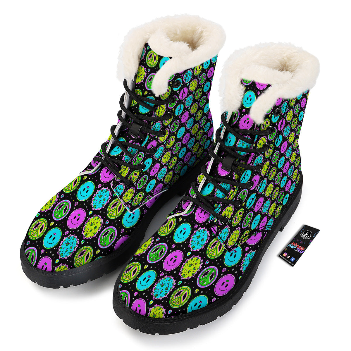 Hippie Peace Symbol And Weed Print Pattern Winter Boots-grizzshop