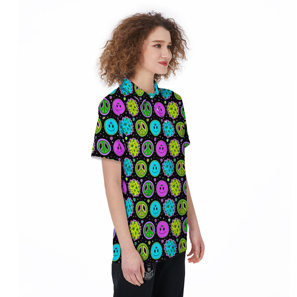 Hippie Peace Symbol And Weed Print Pattern Women's Golf Shirts-grizzshop