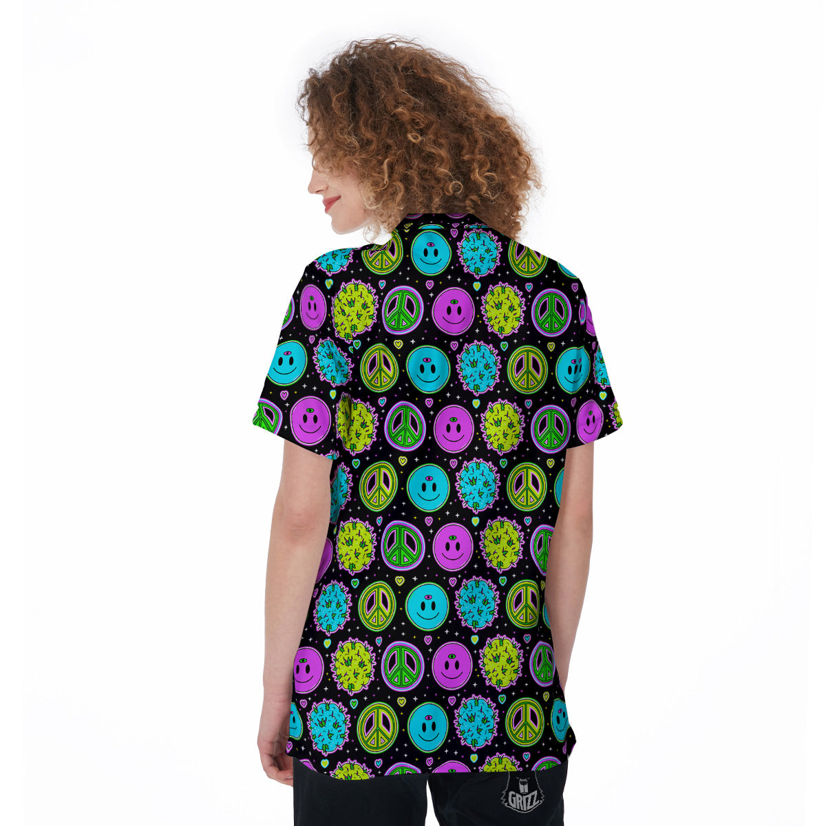Hippie Peace Symbol And Weed Print Pattern Women's Golf Shirts-grizzshop