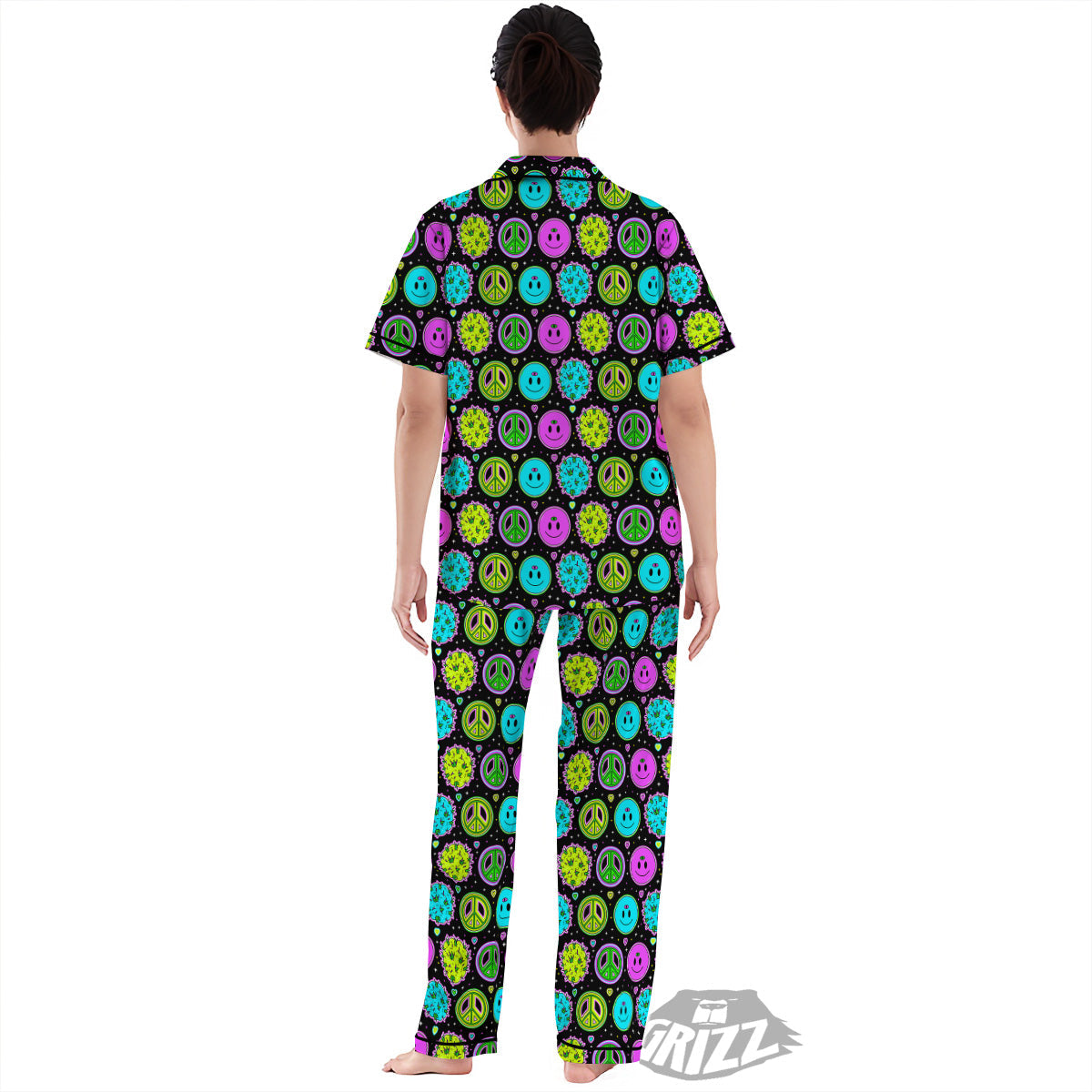 Hippie Peace Symbol And Weed Print Pattern Women's Pajamas Set-grizzshop