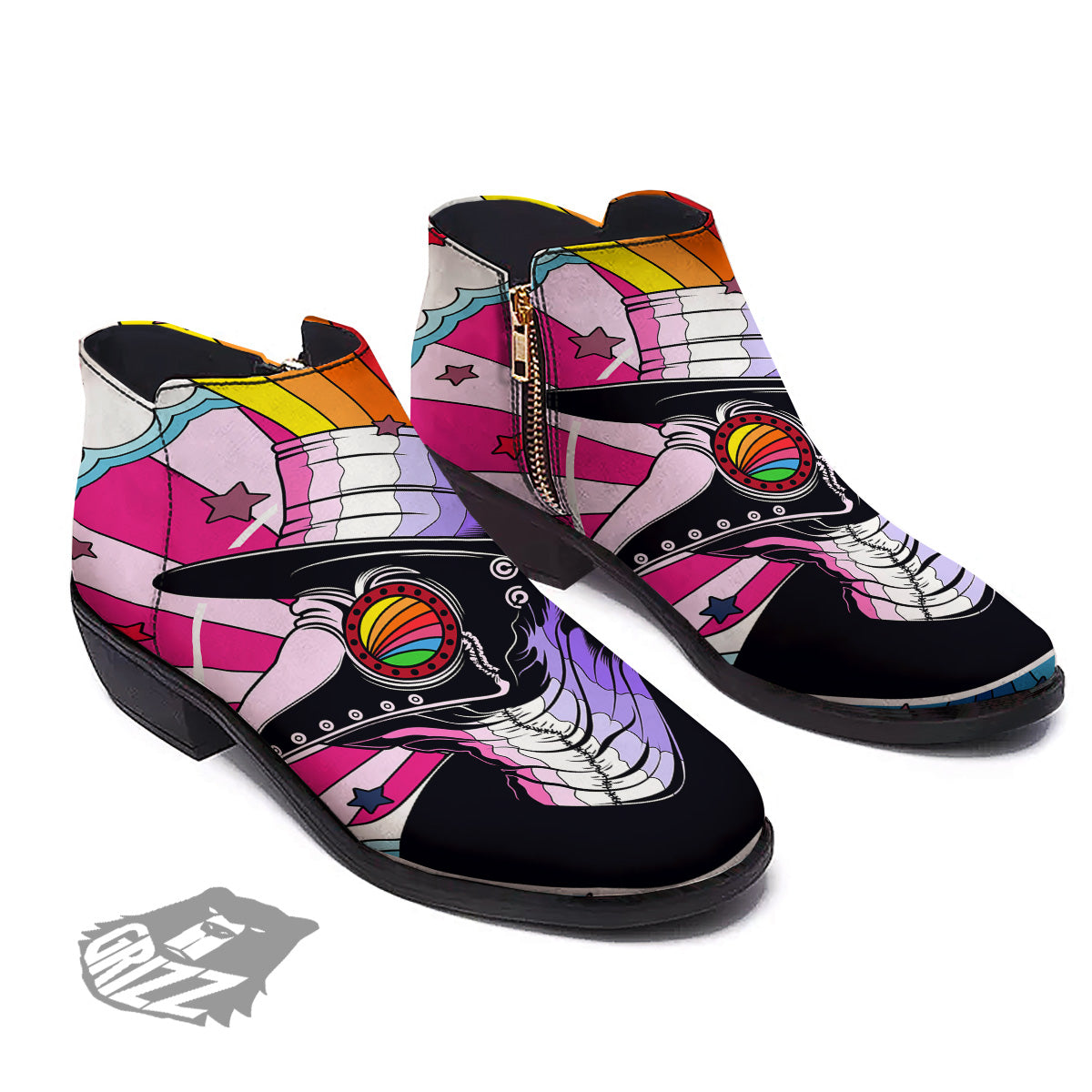 Hippie Plague Doctor Colorful Print Ankle Boots-grizzshop