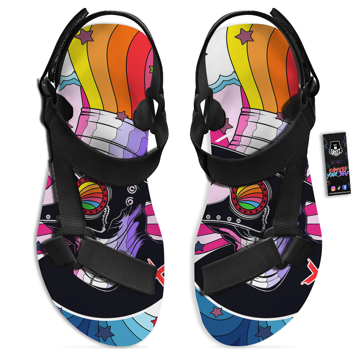 Hippie Plague Doctor Colorful Print Black Open Toe Sandals-grizzshop