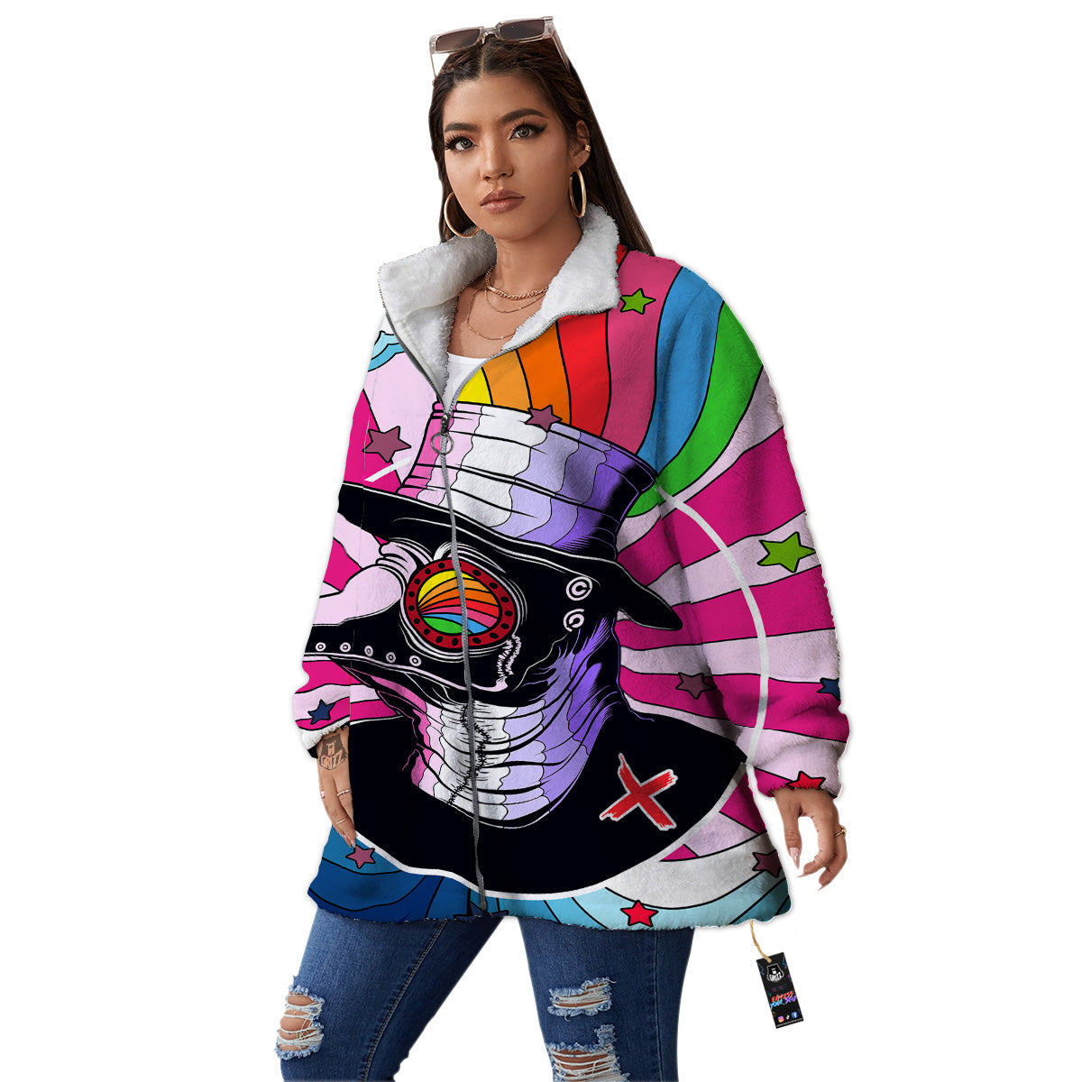 Hippie Plague Doctor Colorful Print Women's Sherpa Jacket-grizzshop