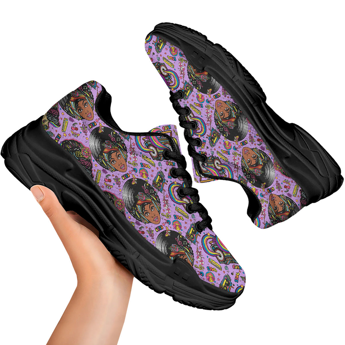 Hippie Retro Funky Women Print Pattern Black Chunky Shoes-grizzshop
