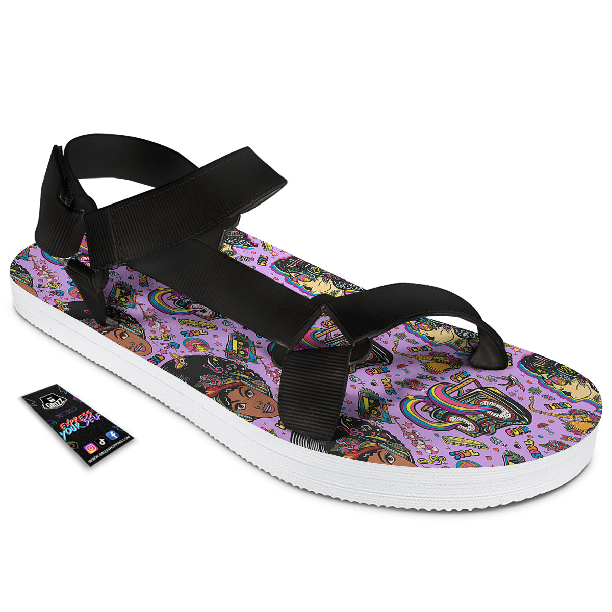 Hippie Retro Funky Women Print Pattern Black Open Toe Sandals-grizzshop