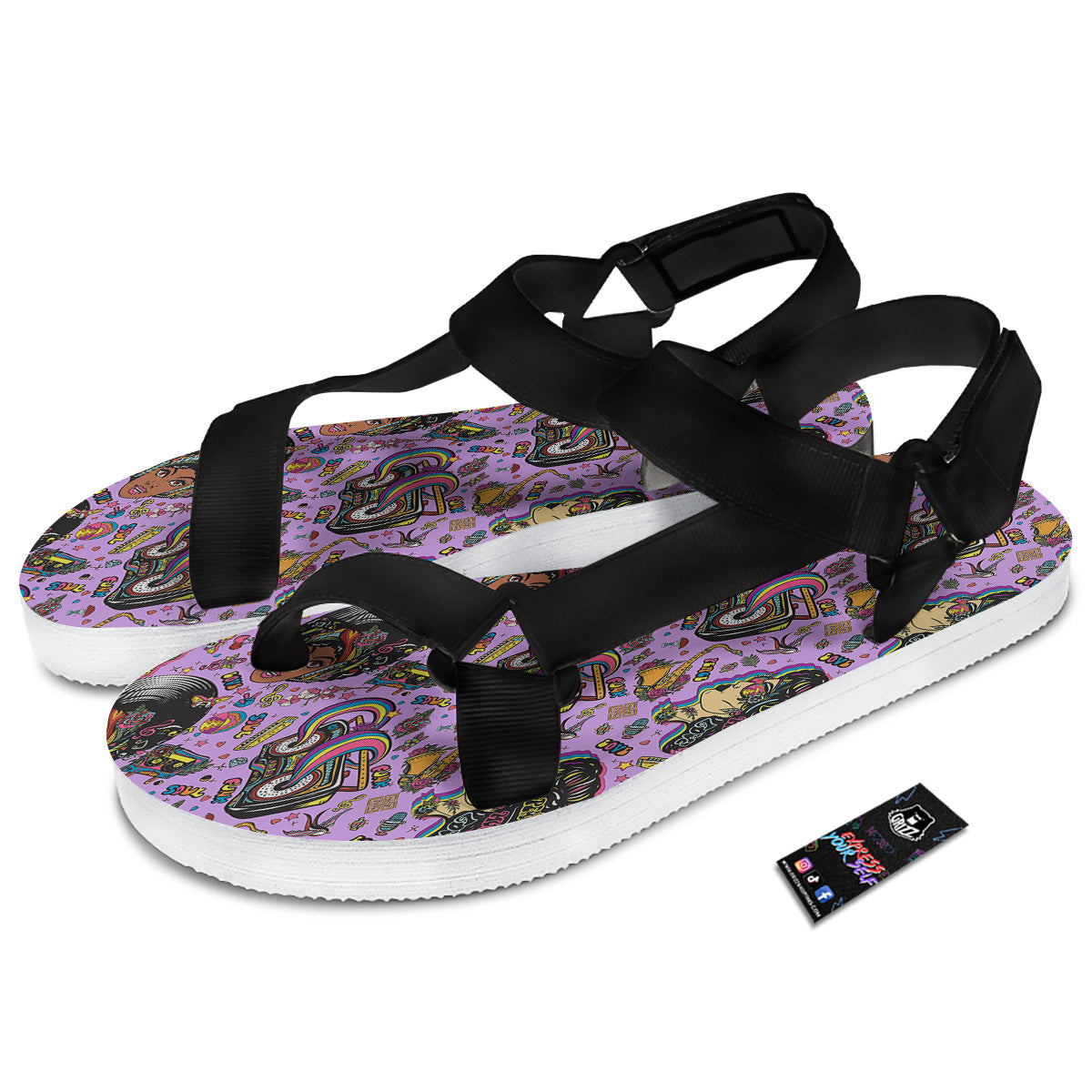Hippie Retro Funky Women Print Pattern Black Open Toe Sandals-grizzshop