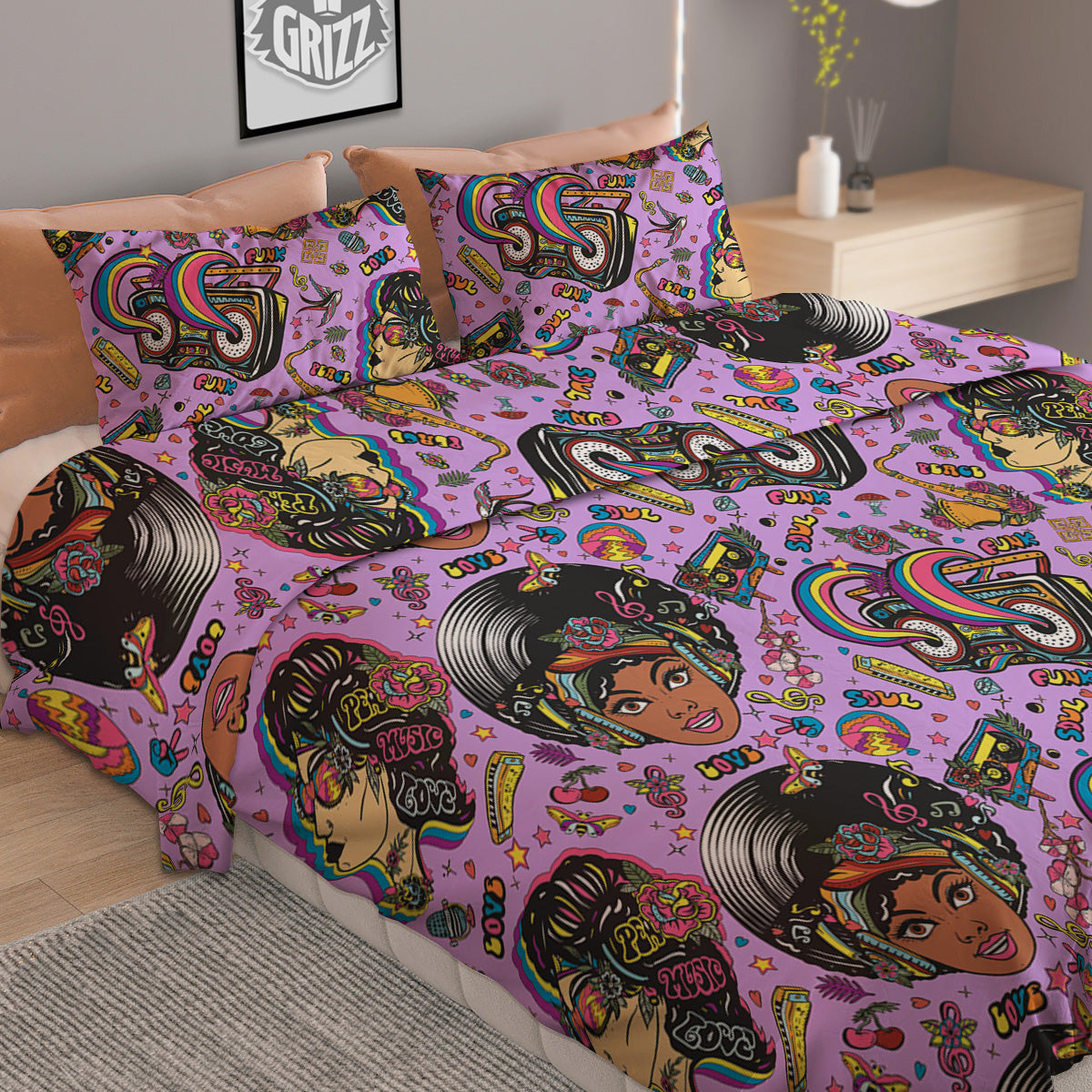 Hippie Retro Funky Women Print Pattern Duvet Cover Bedding Set