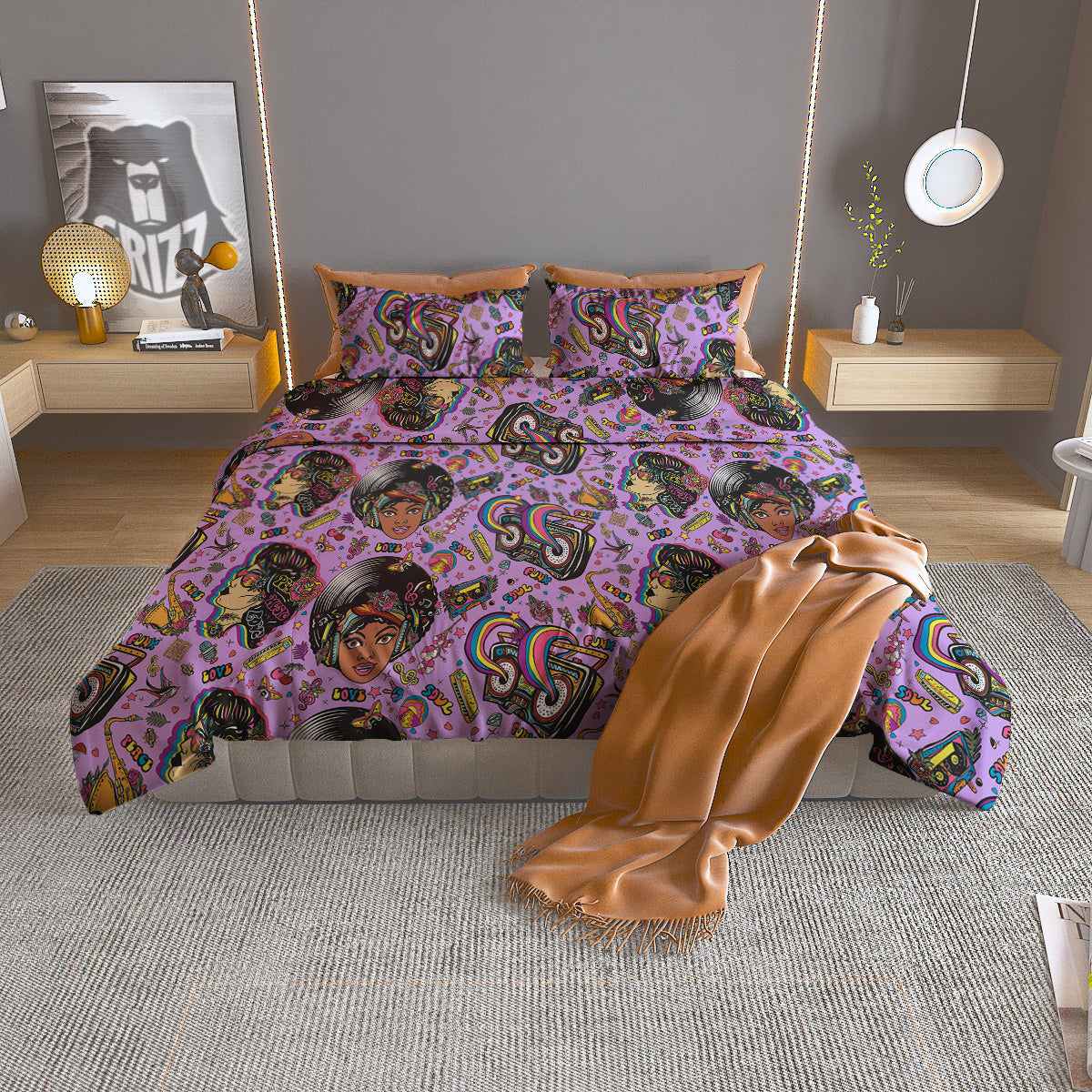 Hippie Retro Funky Women Print Pattern Duvet Cover Bedding Set