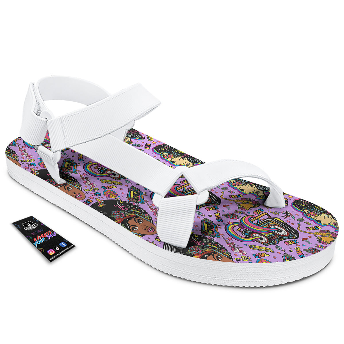 Hippie Retro Funky Women Print Pattern White Open Toe Sandals-grizzshop