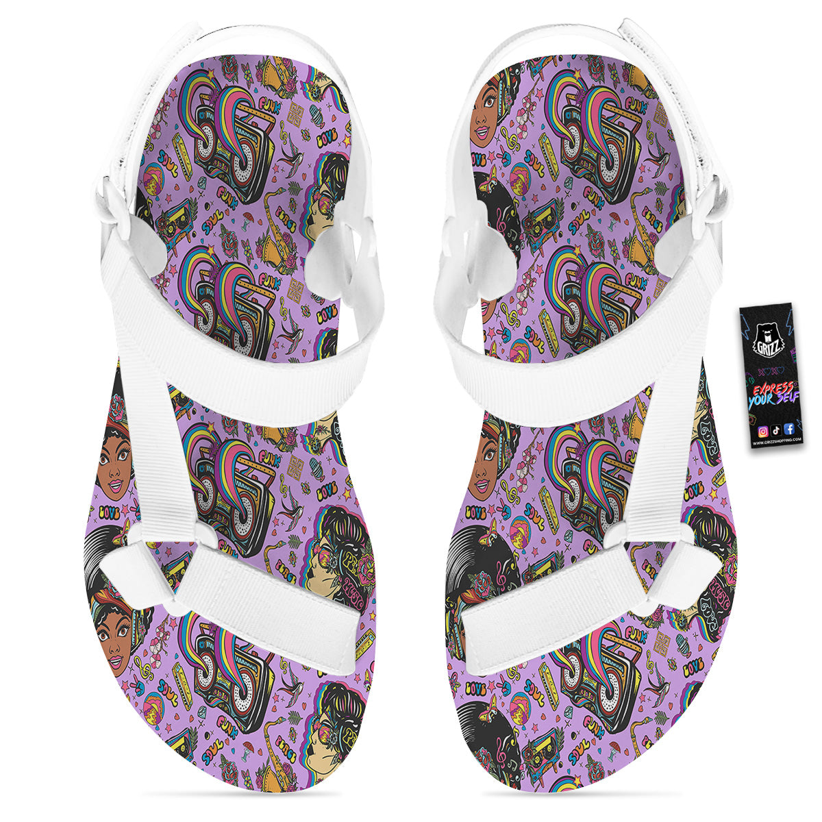 Hippie Retro Funky Women Print Pattern White Open Toe Sandals-grizzshop