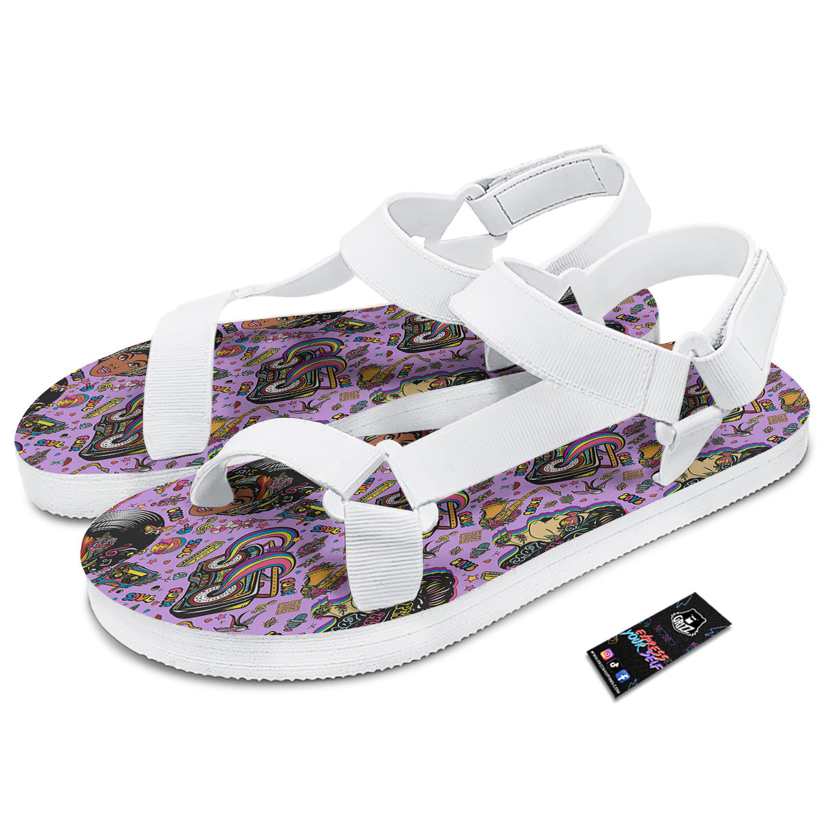 Hippie Retro Funky Women Print Pattern White Open Toe Sandals-grizzshop