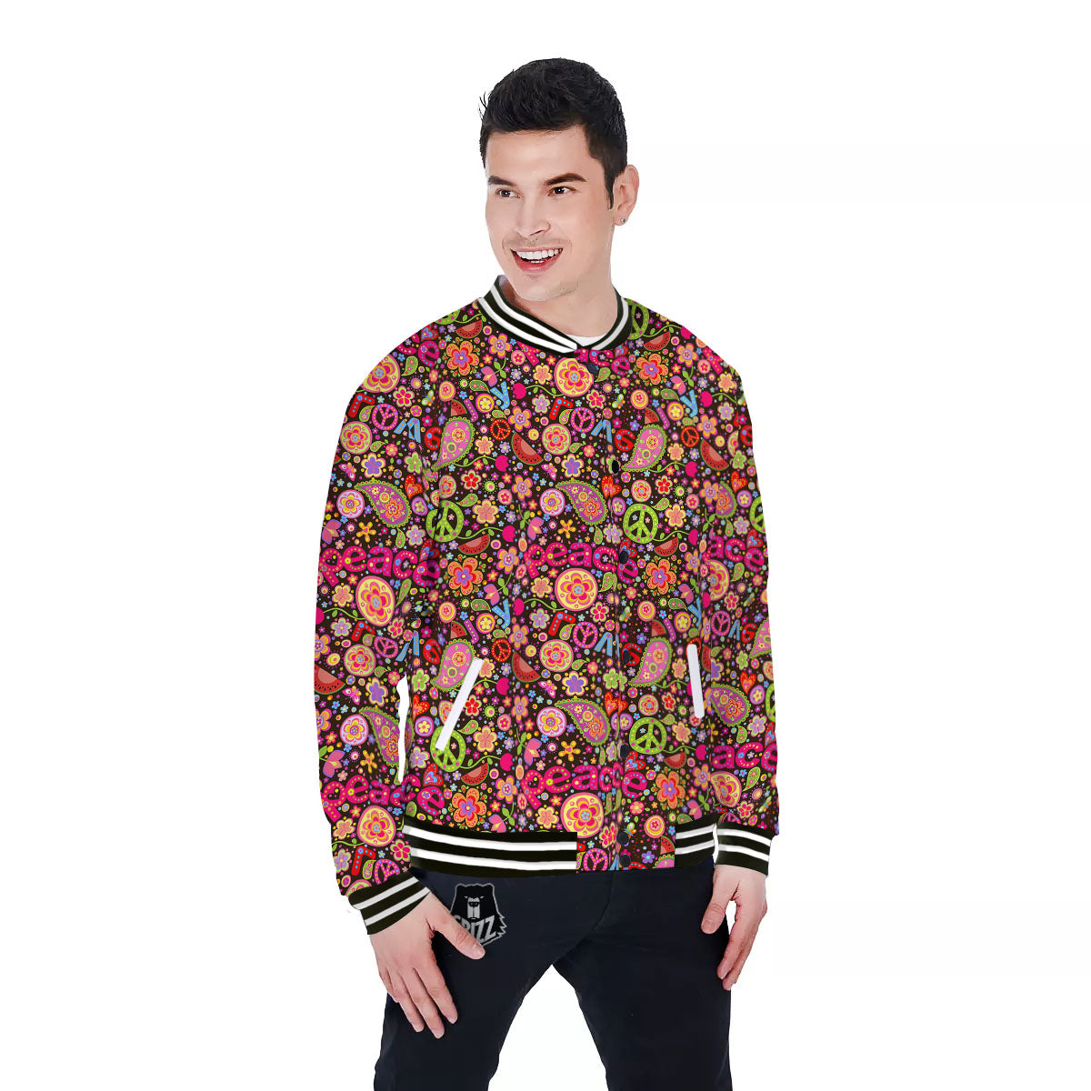 Hippie Sign Peace Flower Print Pattern Baseball Jacket-grizzshop
