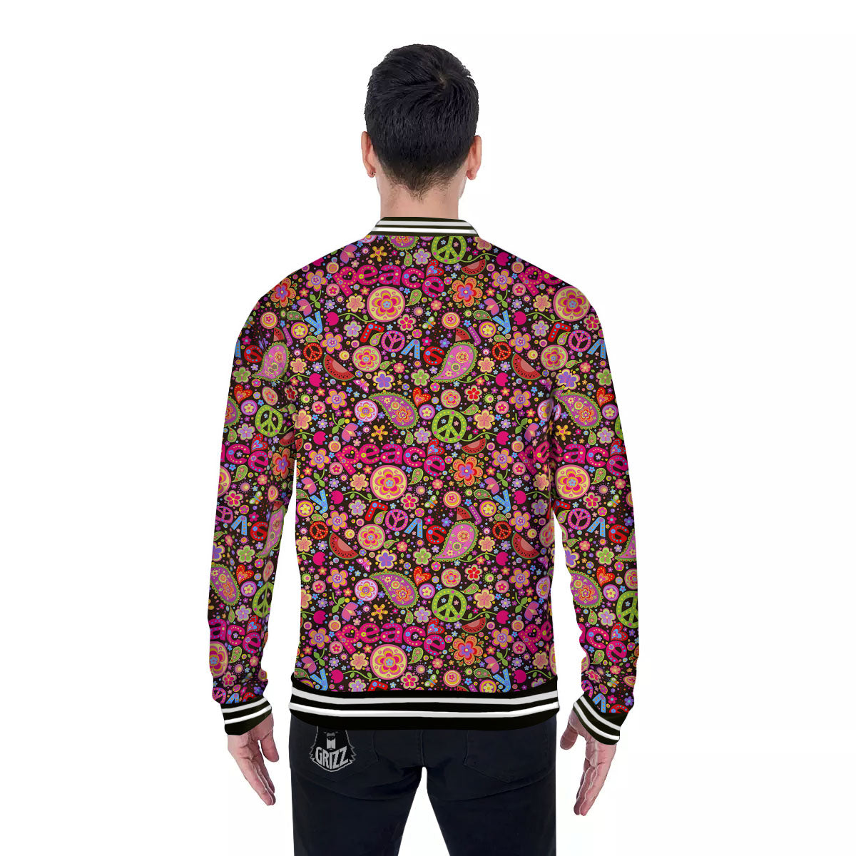 Hippie Sign Peace Flower Print Pattern Baseball Jacket-grizzshop