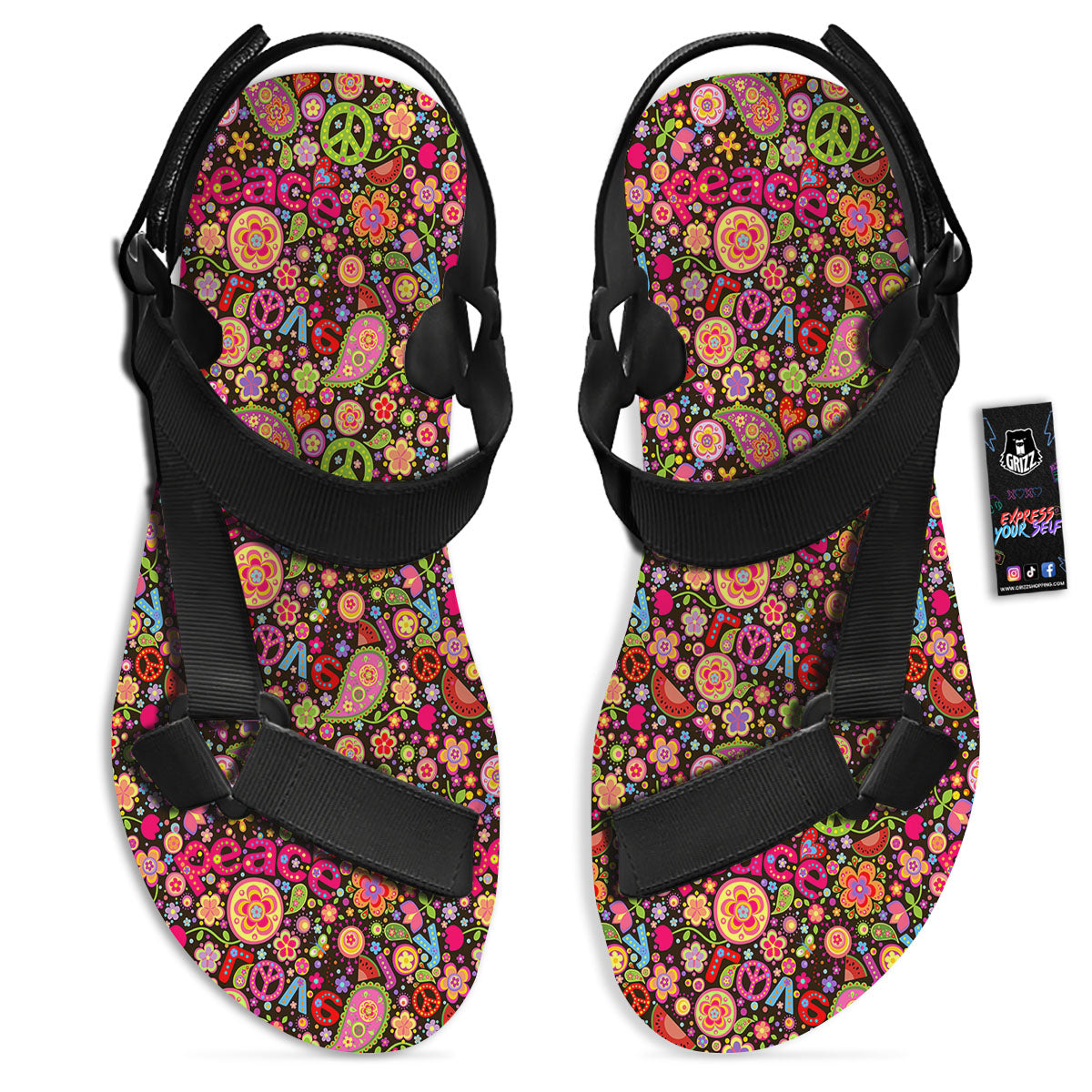 Hippie Sign Peace Flower Print Pattern Black Open Toe Sandals-grizzshop