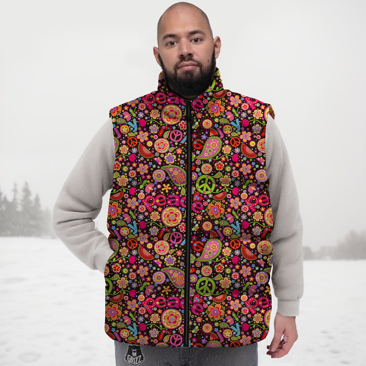 Hippie Sign Peace Flower Print Pattern Down Vest-grizzshop