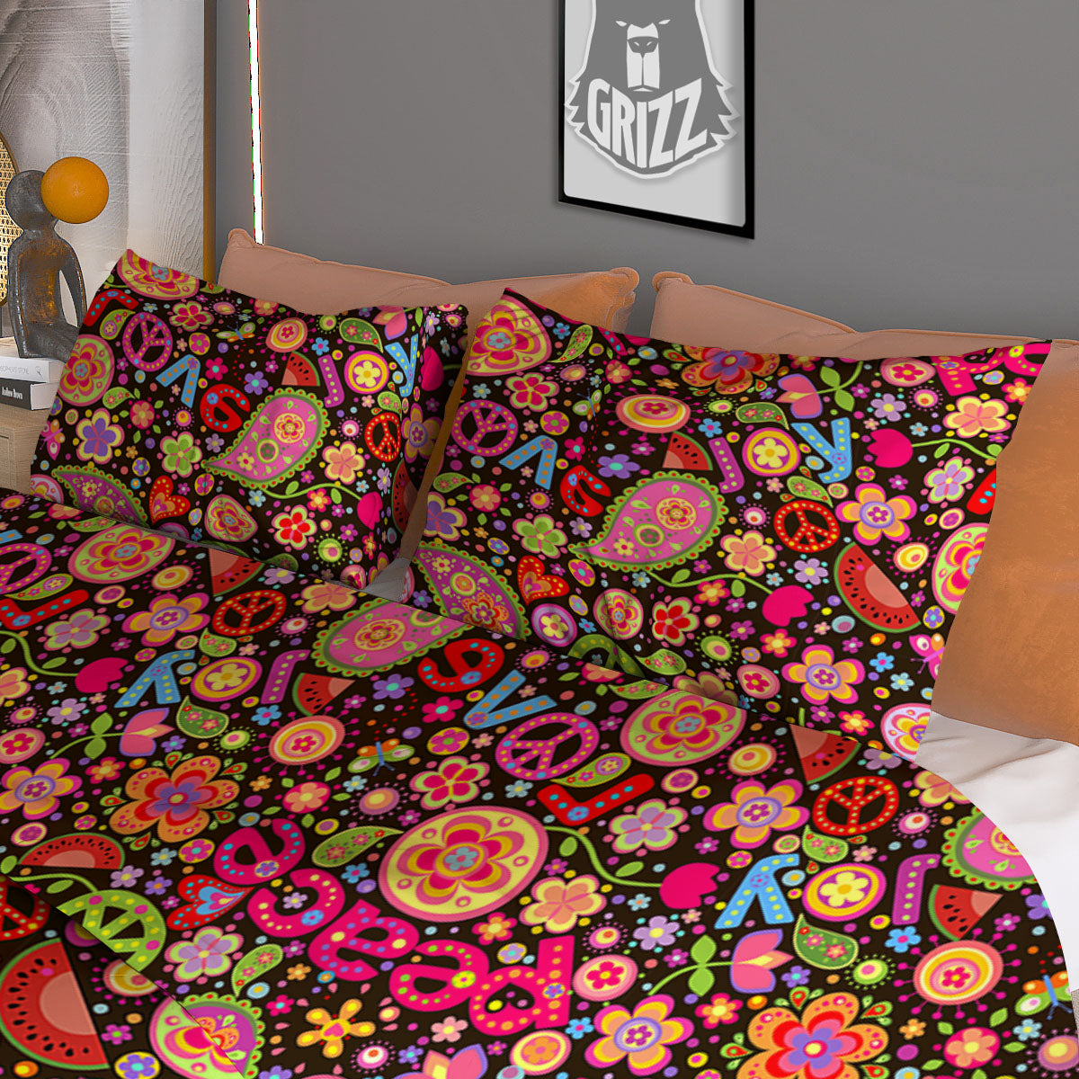 Hippie Sign Peace Flower Print Pattern Duvet Cover Bedding Set-grizzshop