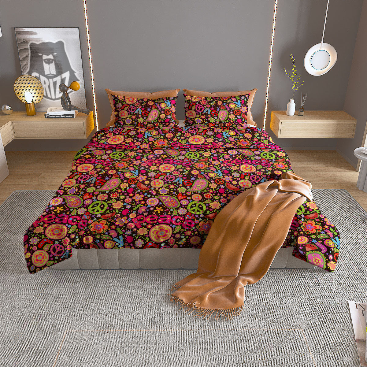 Hippie Sign Peace Flower Print Pattern Duvet Cover Bedding Set-grizzshop