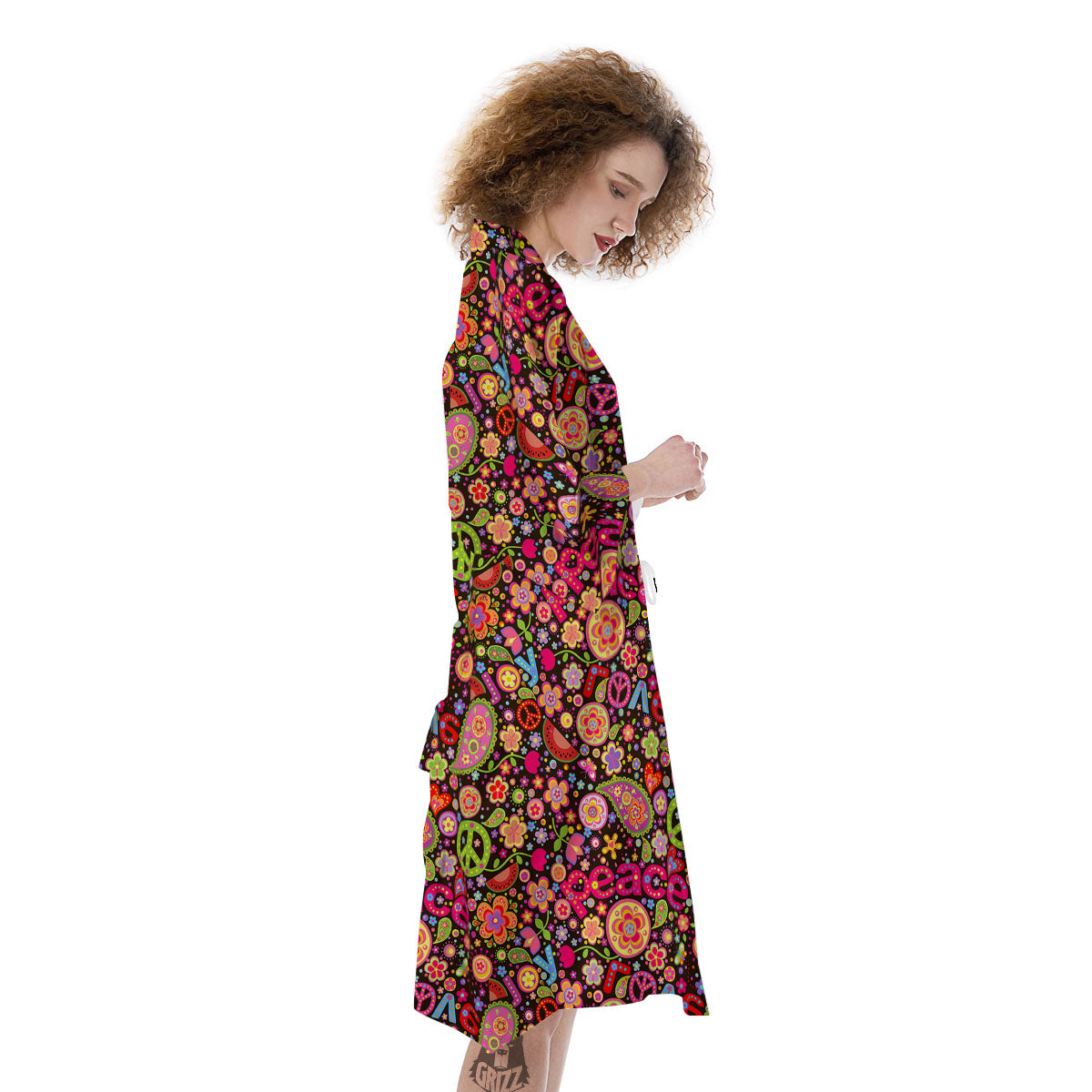 Hippie Sign Peace Flower Print Pattern Kimono-grizzshop