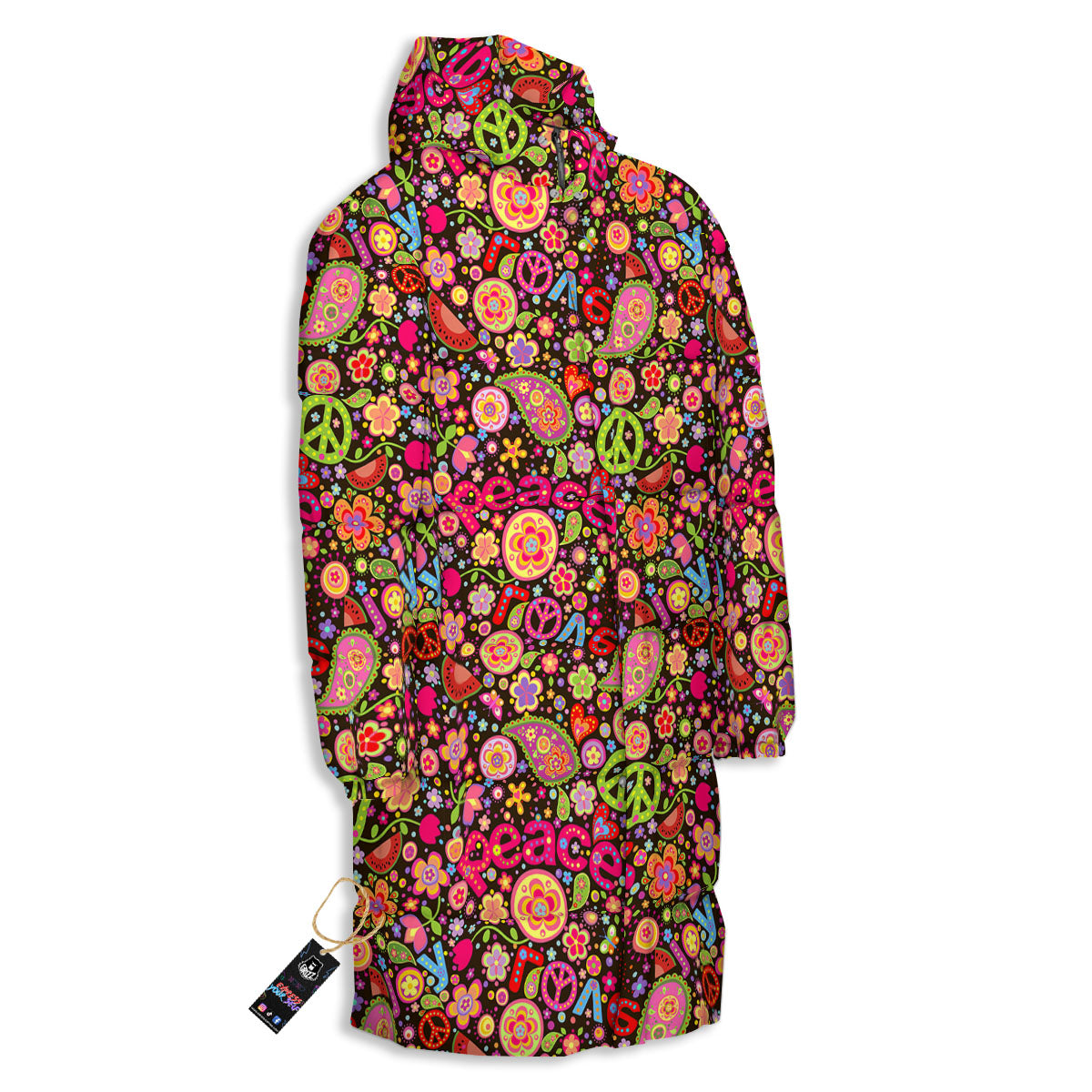 Hippie Sign Peace Flower Print Pattern Long Down Jacket-grizzshop