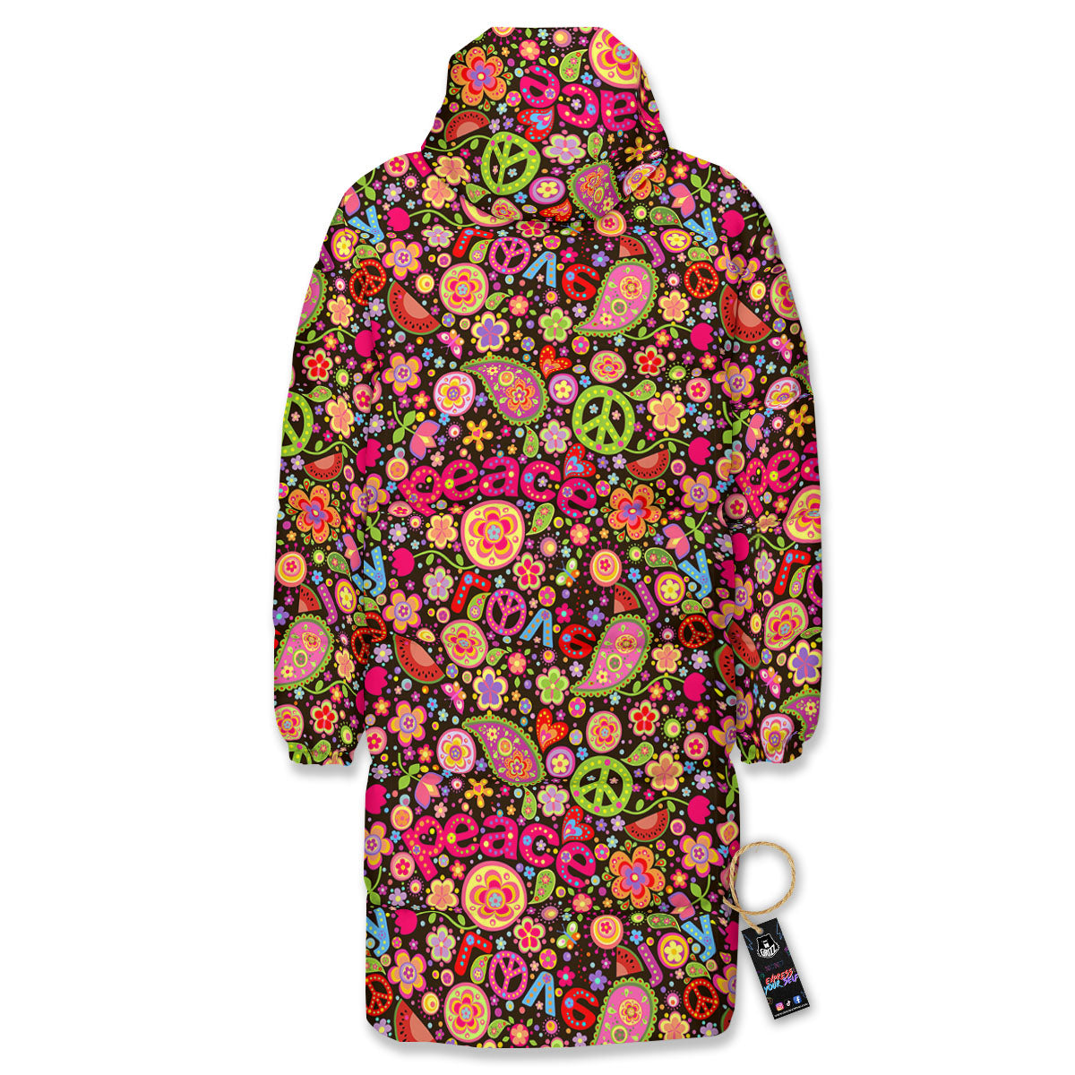 Hippie Sign Peace Flower Print Pattern Long Down Jacket-grizzshop