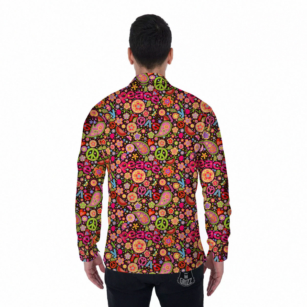 Hippie Sign Peace Flower Print Pattern Men's Long Sleeve Shirts-grizzshop