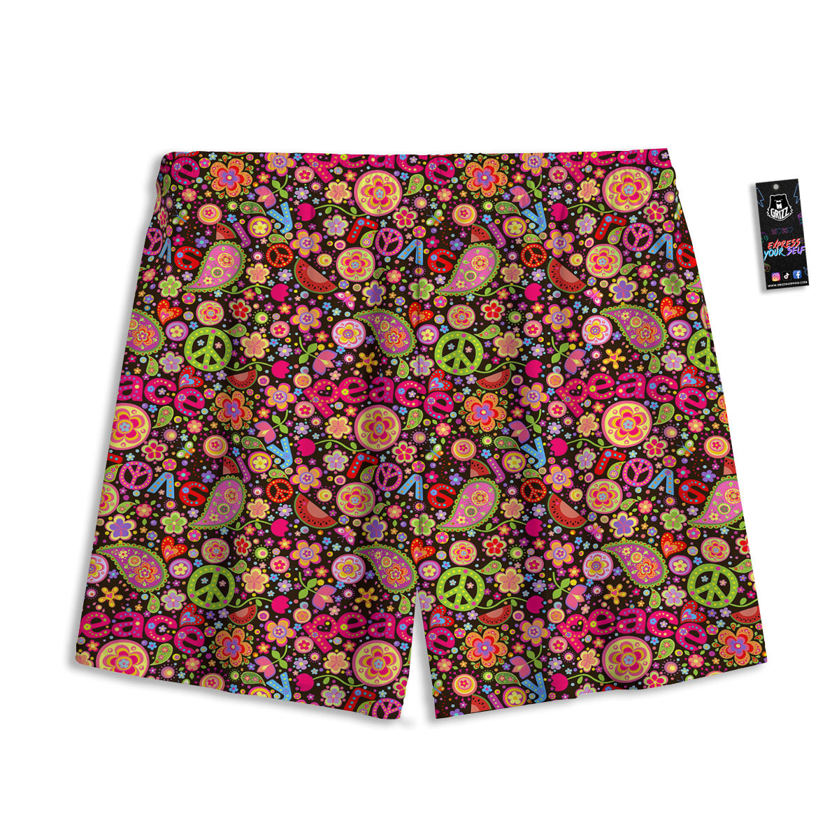 Hippie Sign Peace Flower Print Pattern Mesh Shorts
