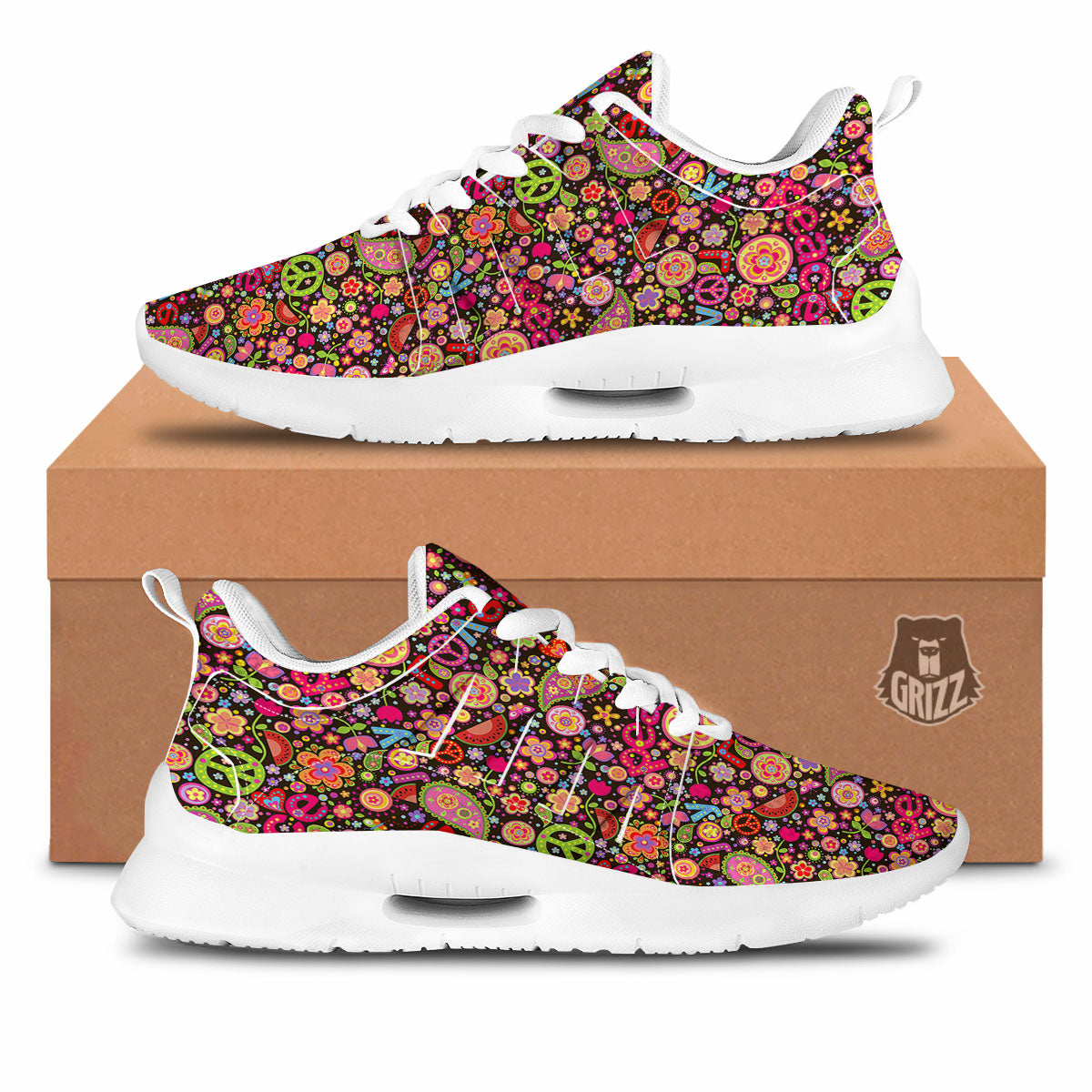 Hippie Sign Peace Flower Print Pattern Tennis Shoes-grizzshop
