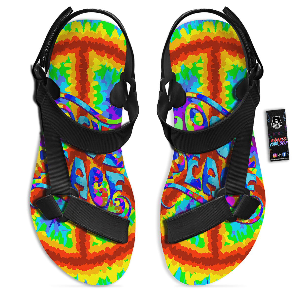 Hippie Symbol Colorful Abstract Print Black Open Toe Sandals-grizzshop