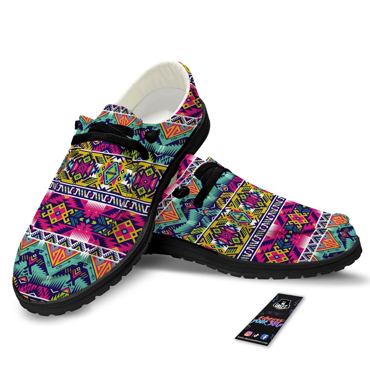 Hippie Tribal Aztec Print Pattern Black Loafers-grizzshop