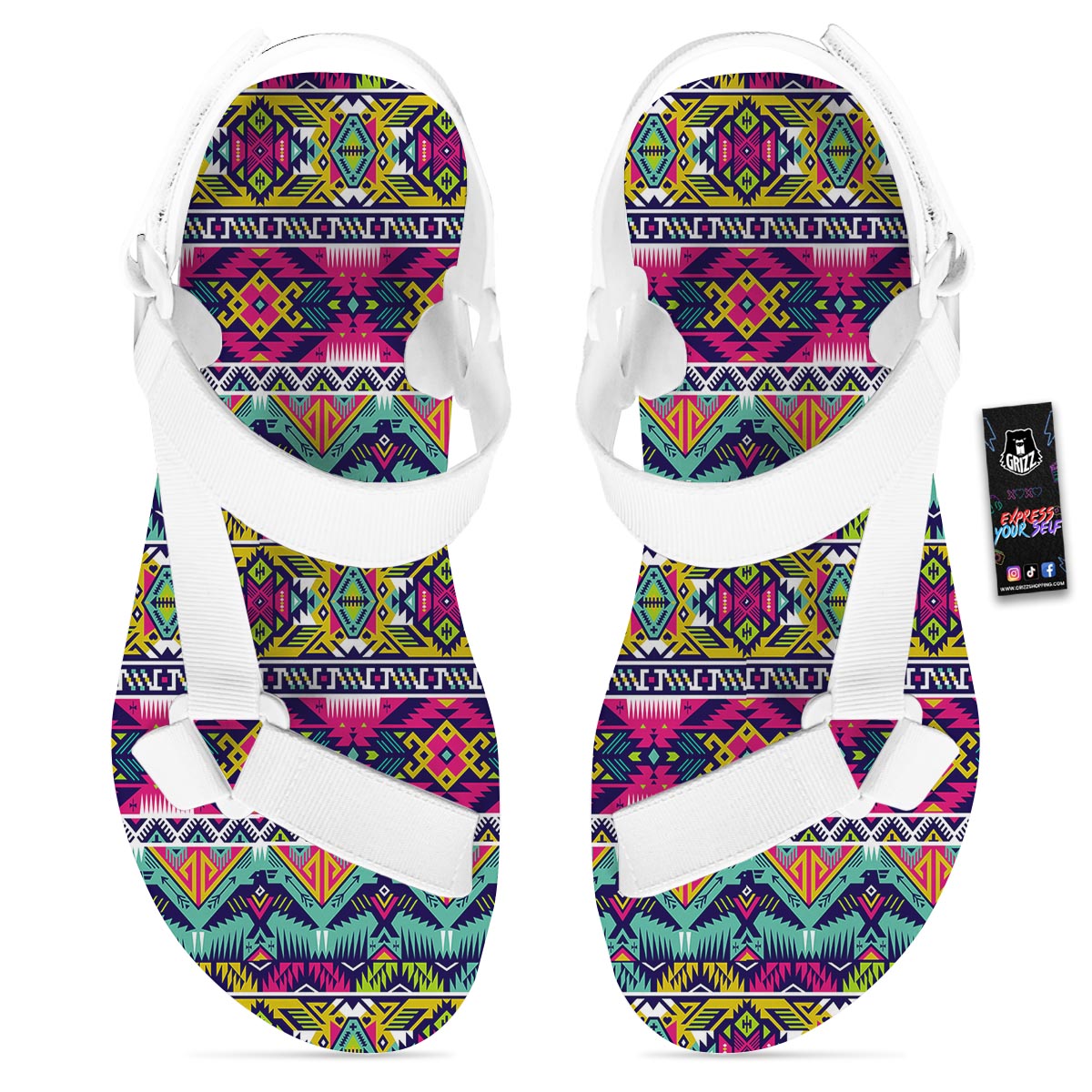 Hippie Tribal Aztec Print Pattern White Open Toe Sandals-grizzshop