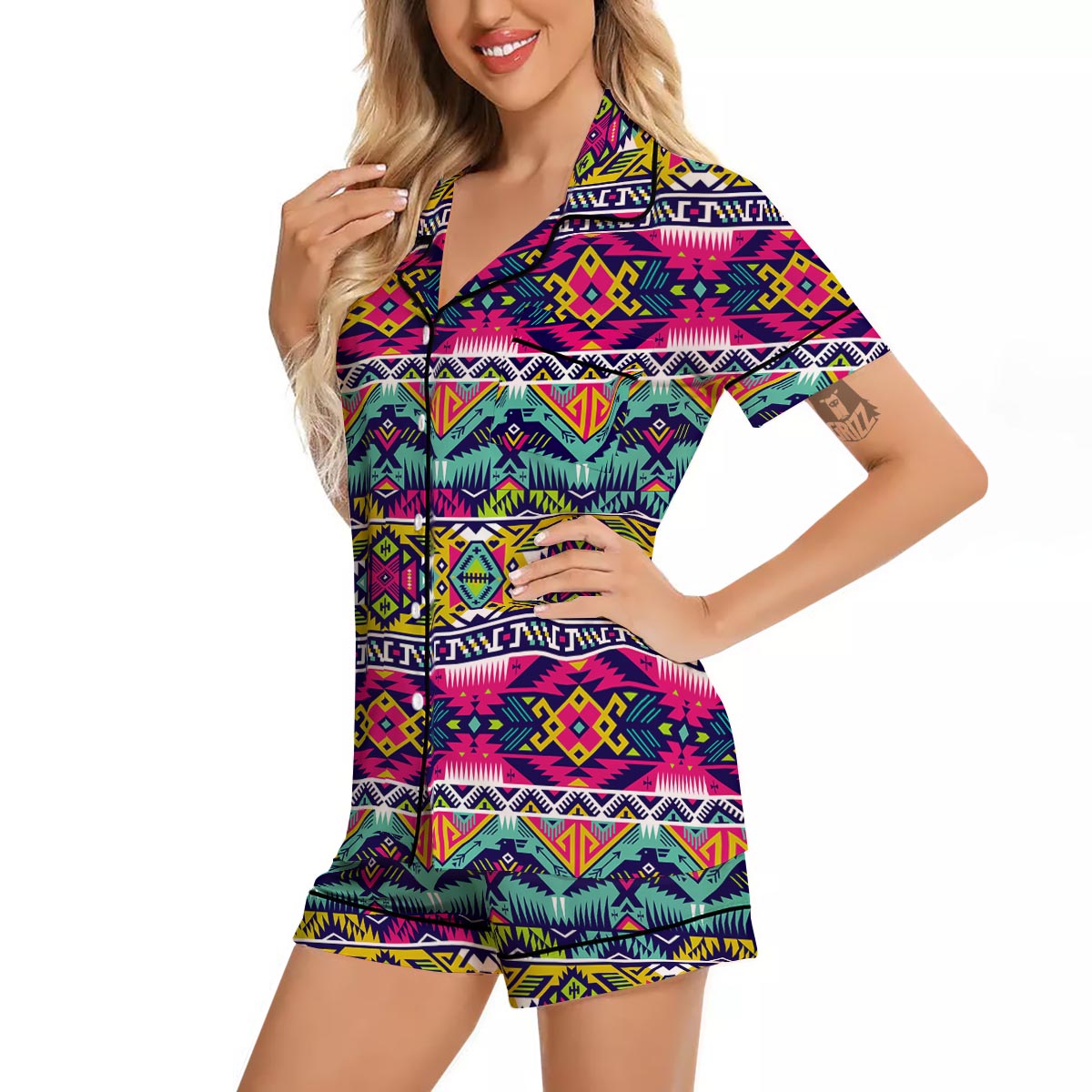 Hippie Tribal Aztec Print Pattern Women Silk Pajamas-grizzshop