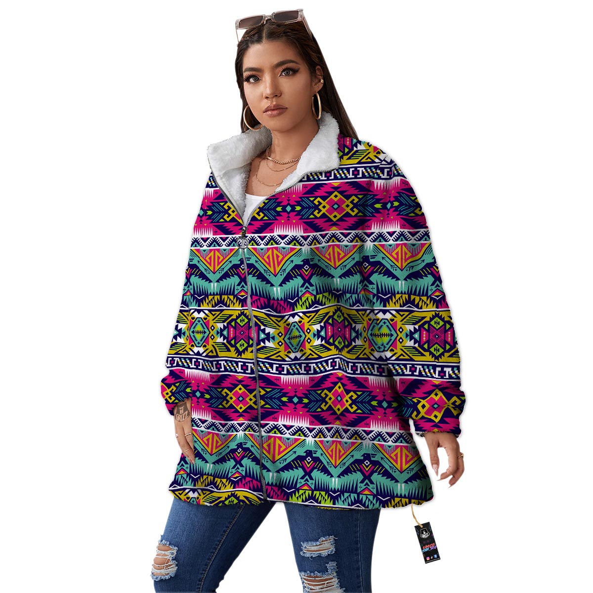 Hippie Tribal Aztec Print Pattern Women's Sherpa Jacket-grizzshop