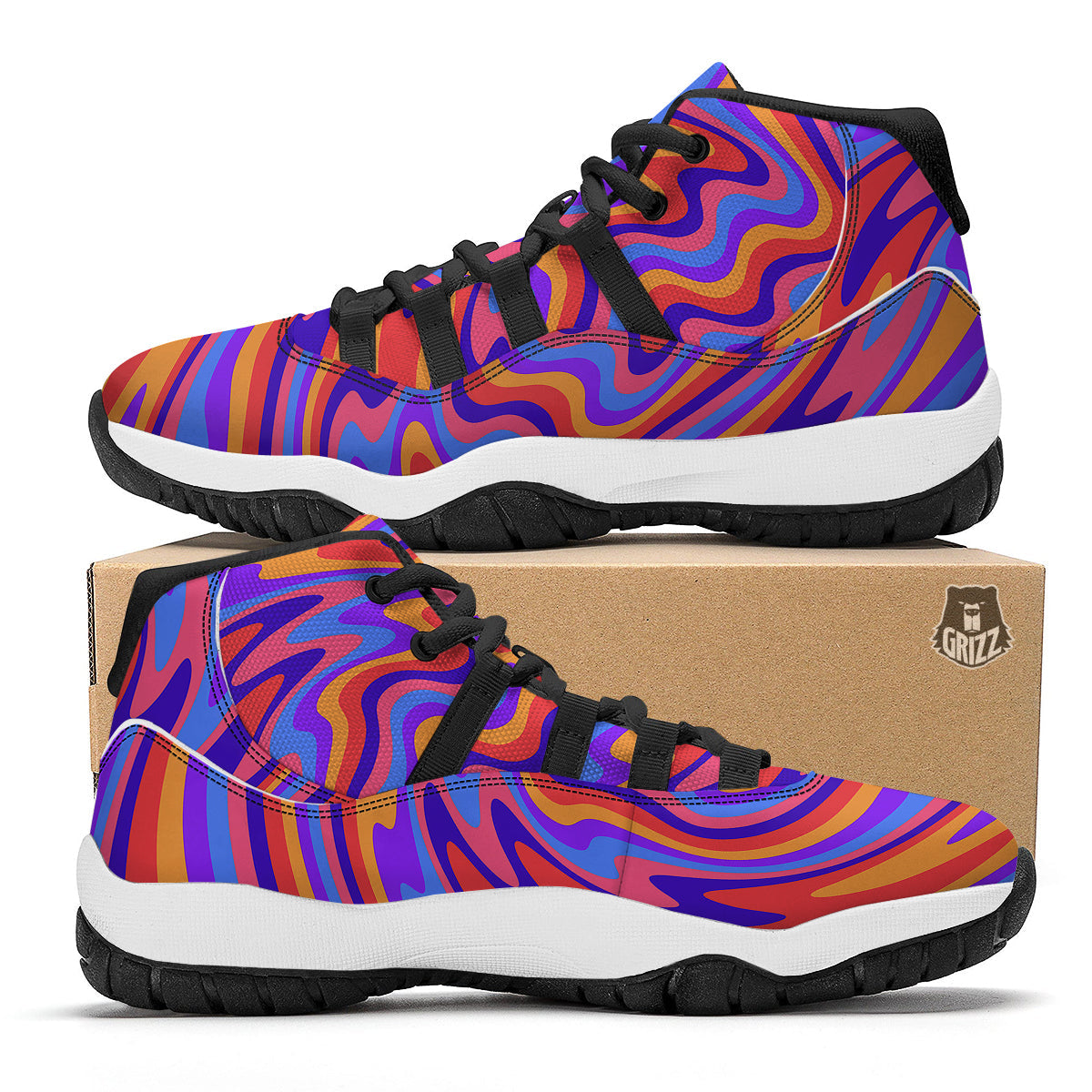 Hippie Trippy Acid Color Print Pattern Black Bball Shoes-grizzshop