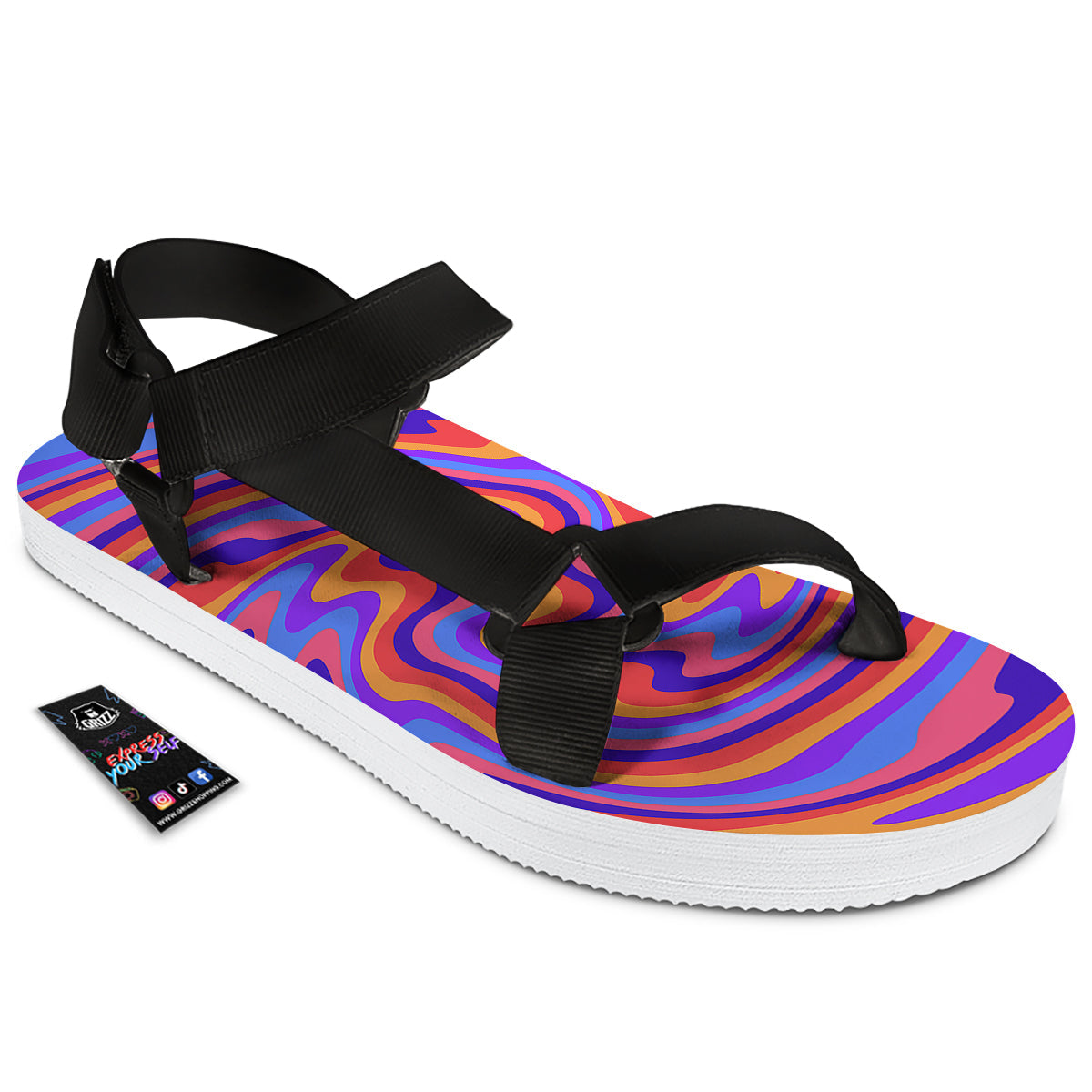 Hippie Trippy Acid Color Print Pattern Black Open Toe Sandals-grizzshop