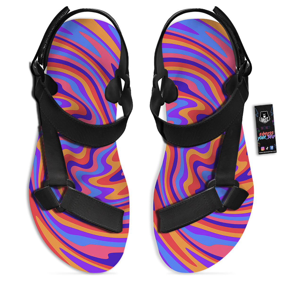 Hippie Trippy Acid Color Print Pattern Black Open Toe Sandals-grizzshop