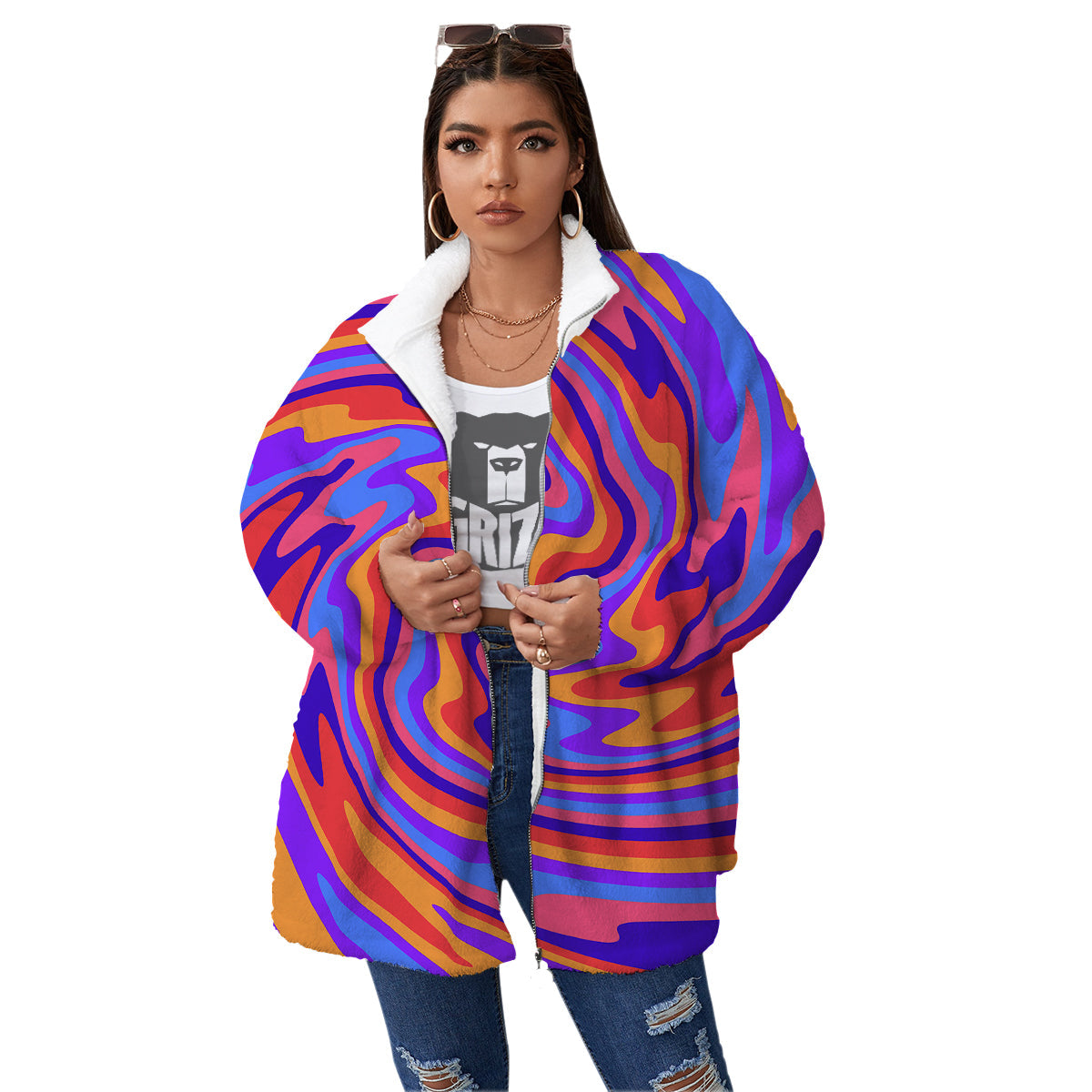 Hippie Trippy Acid Color Print Pattern Women's Sherpa Jacket-grizzshop