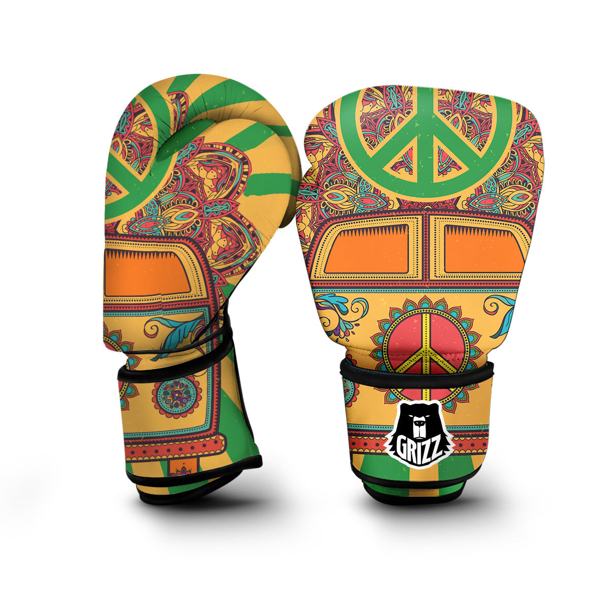 Hippie Van Peace Sign Pattern Print Boxing Gloves-grizzshop