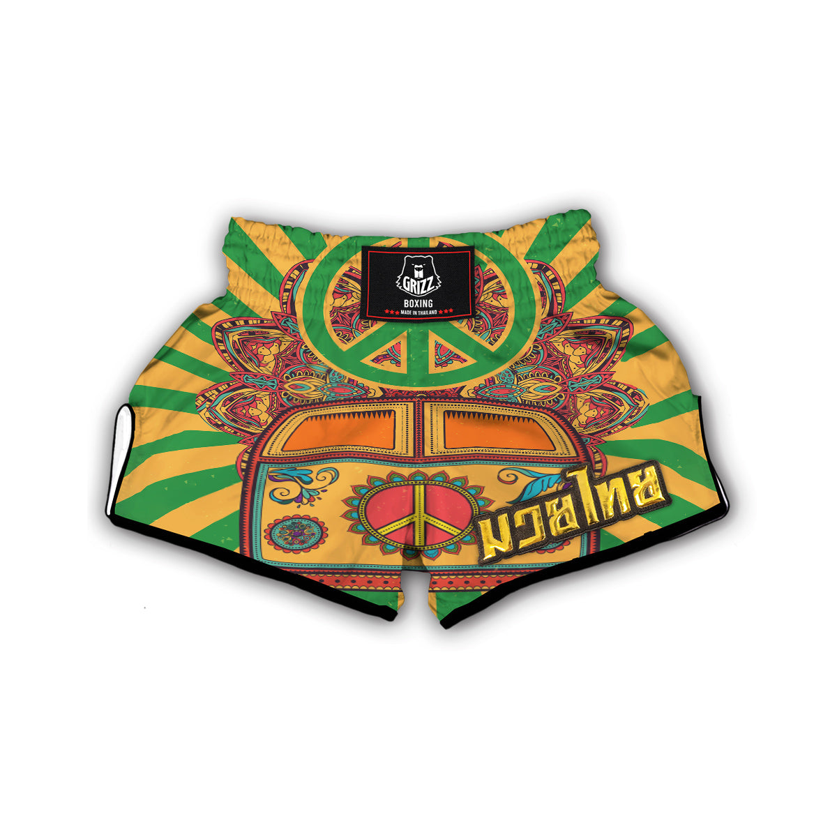 Hippie Van Peace Sign Pattern Print Muay Thai Boxing Shorts-grizzshop